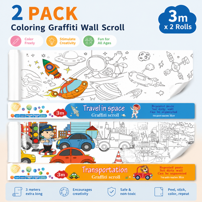 3M Extra Long Reusable Coloring Paper Roll 2 Pack, Space Adventure + Transportation Theme Self-Adhesive Wall Coloring Poster and DIY Cuttable Drawing Craft Paper Scroll with Gift Box