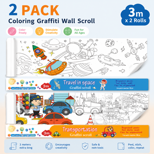 3M Extra Long Reusable Coloring Paper Roll 2 Pack, Space Adventure + Transportation Theme Self-Adhesive Wall Coloring Poster and DIY Cuttable Drawing Craft Paper Scroll with Gift Box