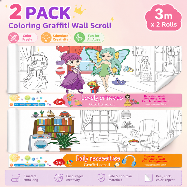 3M Extra Long Reusable Coloring Paper Roll 2 Pack, Lovely Princess + Daily Life Theme Self-Adhesive Wall Coloring Poster and DIY Cuttable Drawing Craft Paper Scroll with Gift Box