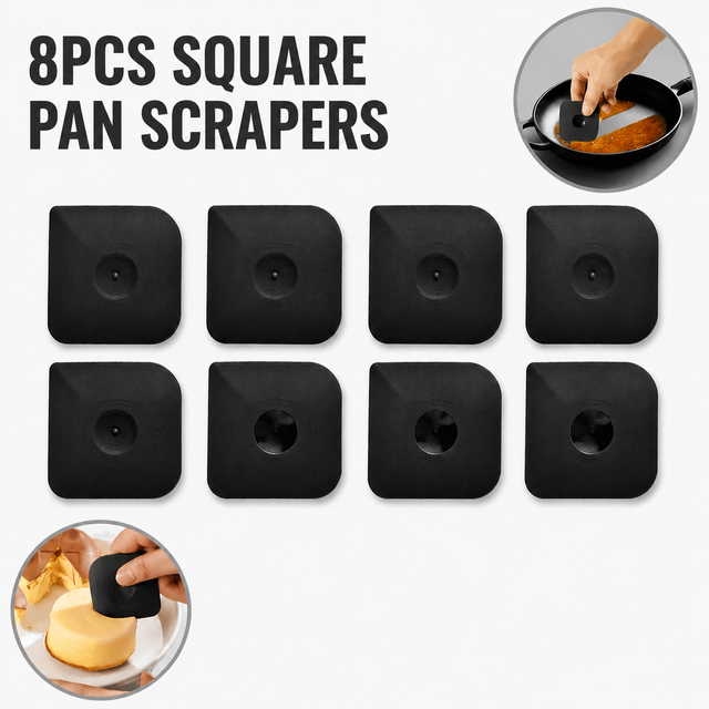8-Pack Black Nylon Non-Stick Pan Scraper Set with Ergonomic Angled Edges Design â€“ Multipurpose Kitchen Cleaning Scraper for Cast Iron, Bakeware & Cookware
