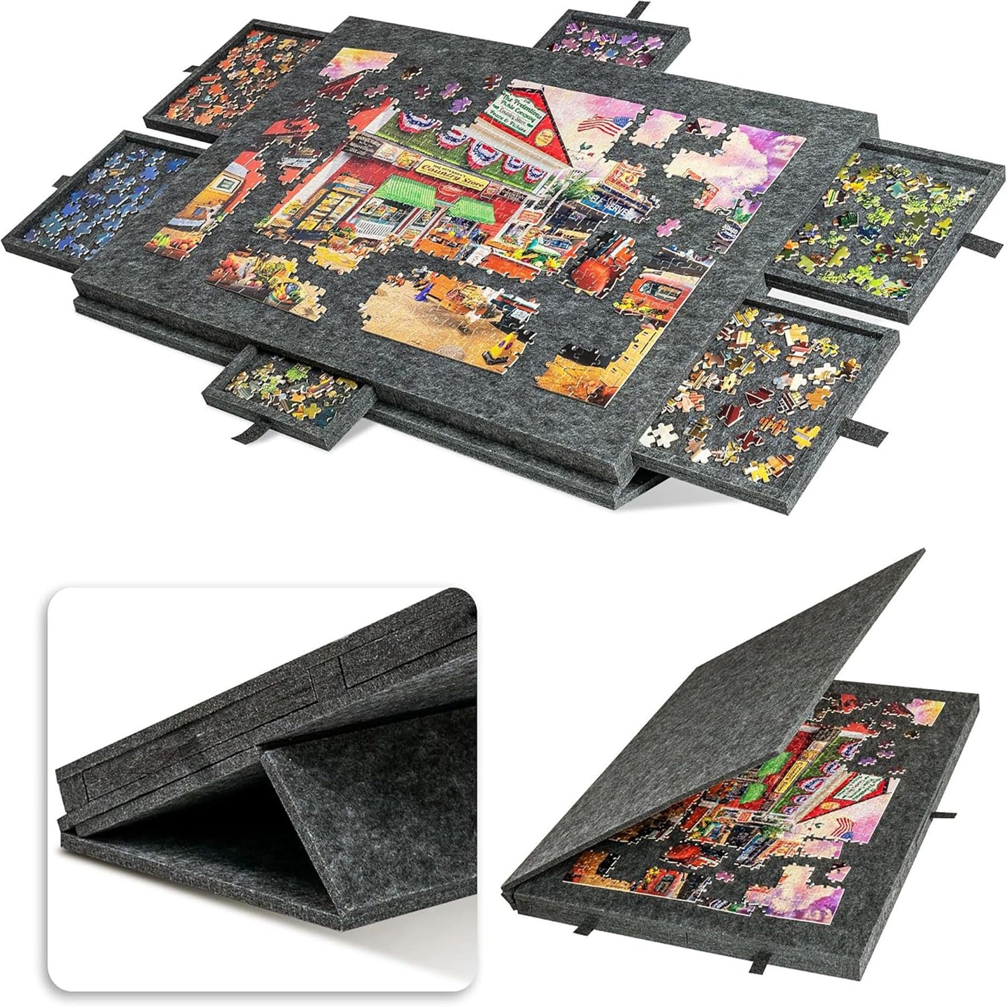Dark Grey Foldable Anti-Slip Felt Jigsaw Puzzle Board with 6 Sorting Drawers â€“ Lightweight 1000 Piece Puzzle Table Mat, 2-in-1 Neck-Friendly Storage Stand and Protective Cover for Unfinished Puzzle