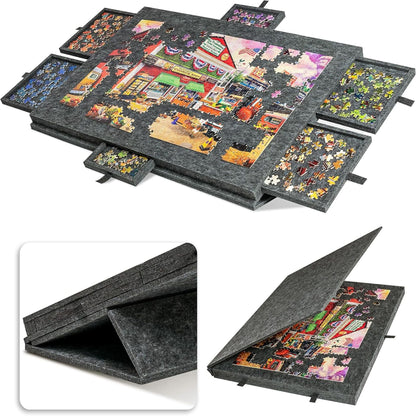 Dark Grey Foldable Anti-Slip Felt Jigsaw Puzzle Board with 6 Sorting Drawers â€“ Lightweight 1000 Piece Puzzle Table Mat, 2-in-1 Neck-Friendly Storage Stand and Protective Cover for Unfinished Puzzle