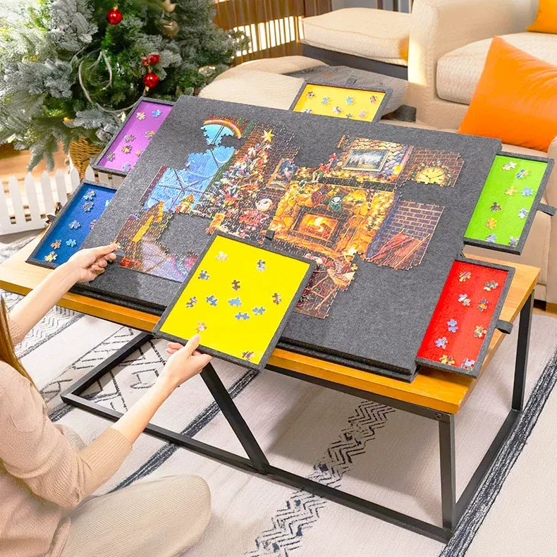 Dark Grey Foldable Anti-Slip Felt Jigsaw Puzzle Board with 6 Sorting Drawers â€“ Lightweight 1000 Piece Puzzle Table Mat, 2-in-1 Neck-Friendly Storage Stand and Protective Cover for Unfinished Puzzle