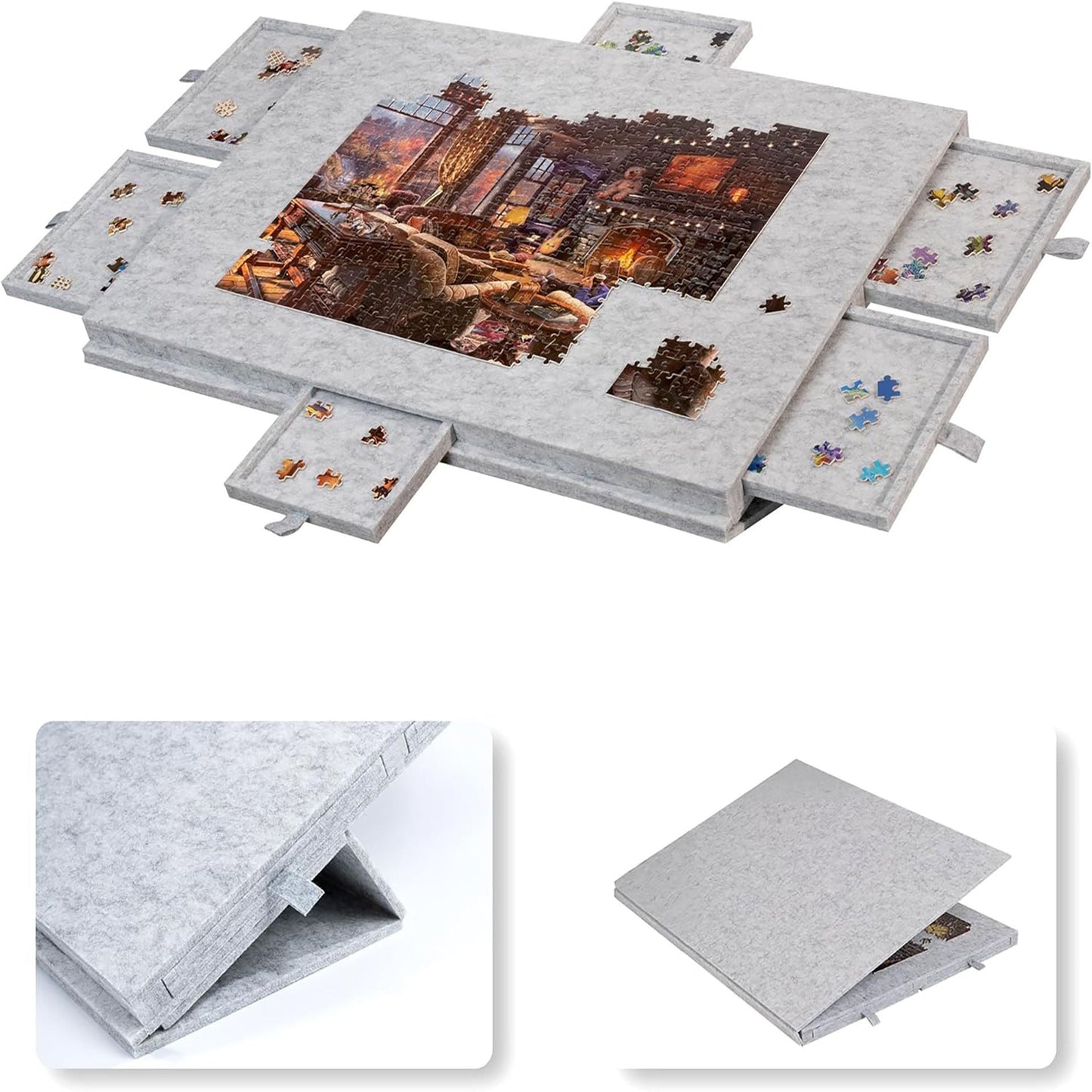 Silver Grey Foldable Anti-Slip Felt Jigsaw Puzzle Board with 6 Sorting Drawers â€“ Lightweight 1000 Piece Puzzle Table Mat, 2-in-1 Neck-Friendly Storage Stand and Protective Cover for Unfinished Puzzle