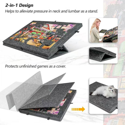 Silver Grey Foldable Anti-Slip Felt Jigsaw Puzzle Board with 6 Sorting Drawers â€“ Lightweight 1000 Piece Puzzle Table Mat, 2-in-1 Neck-Friendly Storage Stand and Protective Cover for Unfinished Puzzle