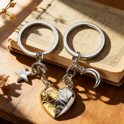 Silver & Gold Magnetic Matching Split Heart Zinc Alloy Keychain Set for Couples â€“ Detachable Love Heart Key Rings with Star & Moon Charms, Anniversary Birthday Gift for Him and Her, Bag Accessory