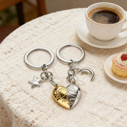 Silver & Gold Magnetic Matching Split Heart Zinc Alloy Keychain Set for Couples â€“ Detachable Love Heart Key Rings with Star & Moon Charms, Anniversary Birthday Gift for Him and Her, Bag Accessory