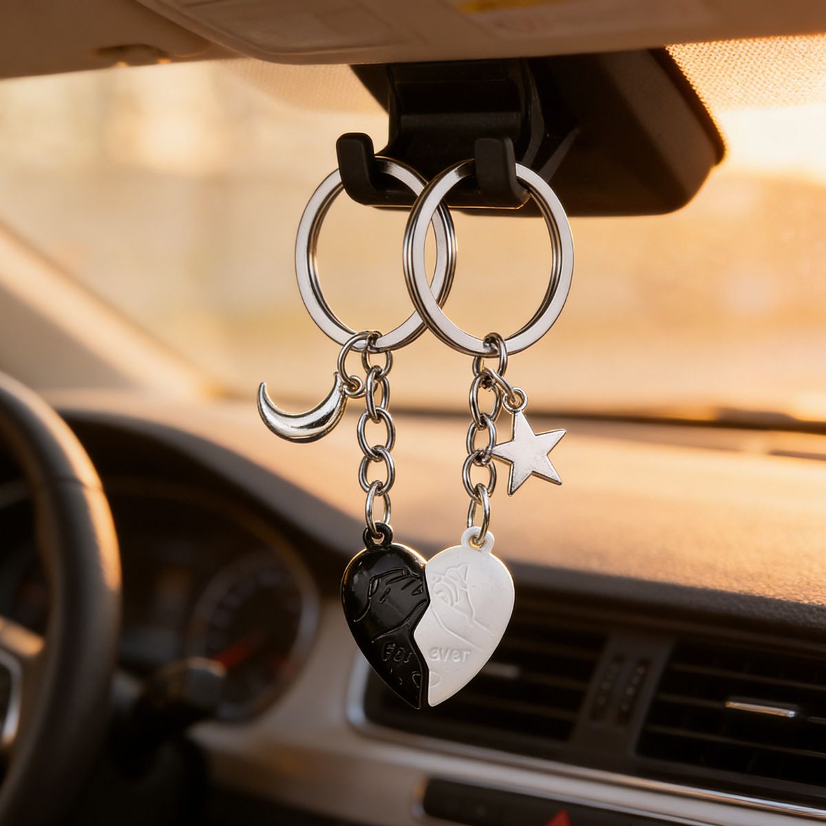 Silver & Gold Magnetic Matching Split Heart Zinc Alloy Keychain Set for Couples â€“ Detachable Love Heart Key Rings with Star & Moon Charms, Anniversary Birthday Gift for Him and Her, Bag Accessory