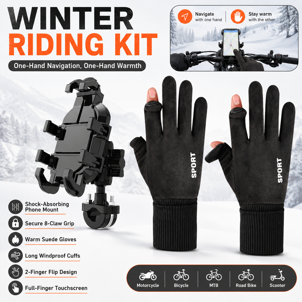 2-Piece Winter Riding Essentials Set with 8 Claw Secure Grip Bike Phone Mount and Suede Flip-Top Touchscreen Thermal Gloves â€“ 360Â° Rotation Adjustment and Silicone Anti-Shock Module, Universal Handlebar Cradle for Motorcycle MTB & Road Cycling