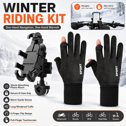 2-Piece Winter Riding Essentials Set with 8 Claw Secure Grip Bike Phone Mount and Suede Flip-Top Touchscreen Thermal Gloves â€“ 360Â° Rotation Adjustment and Silicone Anti-Shock Module, Universal Handlebar Cradle for Motorcycle MTB & Road Cycling