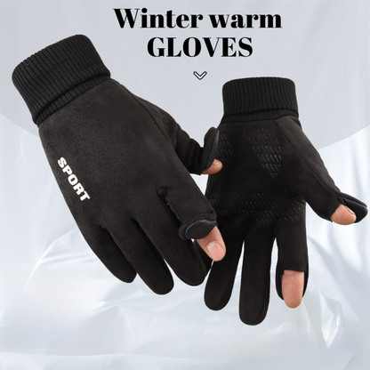Grey Winter Suede Touchscreen Flip-Top Gloves with Extended Cuff Design and Silicone Anti-Slip Palm â€“ Windproof Thickened Thermal Riding Gloves for Motorcycle Driving and MTB Road Cycling