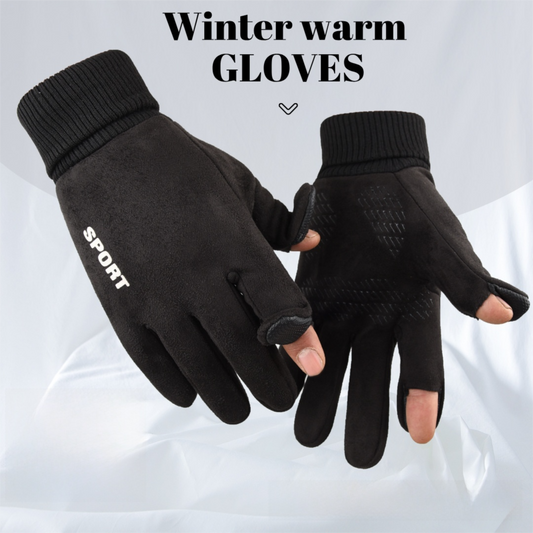 Khaki Winter Suede Touchscreen Flip-Top Gloves with Extended Cuff Design and Silicone Anti-Slip Palm â€“ Windproof Thickened Thermal Riding Gloves for Motorcycle Driving and MTB Road Cycling