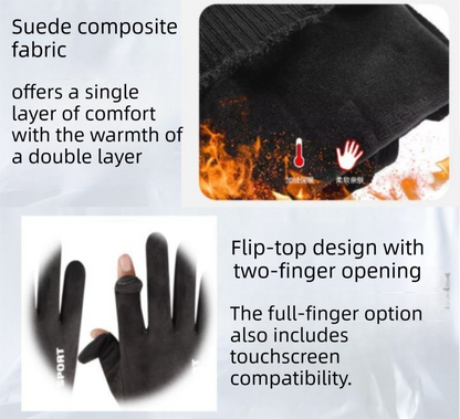 Khaki Winter Suede Touchscreen Flip-Top Gloves with Extended Cuff Design and Silicone Anti-Slip Palm â€“ Windproof Thickened Thermal Riding Gloves for Motorcycle Driving and MTB Road Cycling