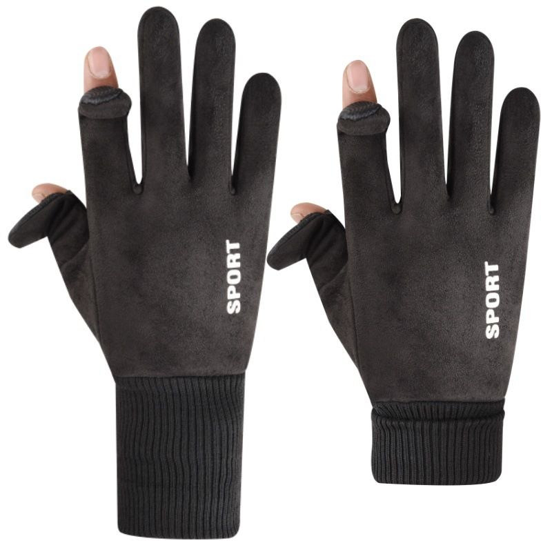 Khaki Winter Suede Touchscreen Flip-Top Gloves with Extended Cuff Design and Silicone Anti-Slip Palm â€“ Windproof Thickened Thermal Riding Gloves for Motorcycle Driving and MTB Road Cycling