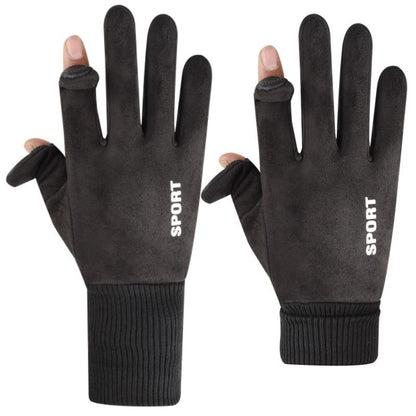 Khaki Winter Suede Touchscreen Flip-Top Gloves with Extended Cuff Design and Silicone Anti-Slip Palm â€“ Windproof Thickened Thermal Riding Gloves for Motorcycle Driving and MTB Road Cycling