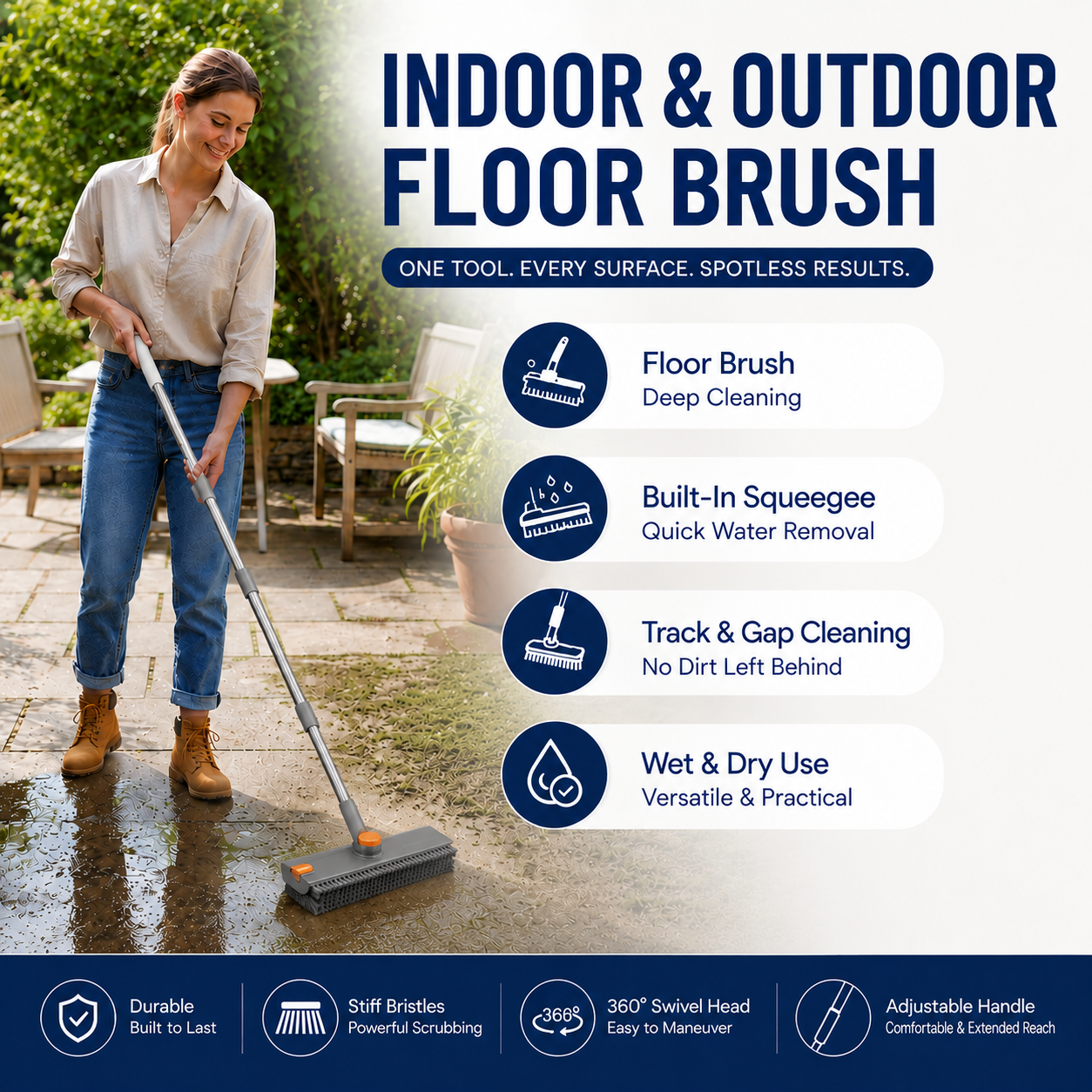 Grey and Orange 360Â°Rotating Detachable V-Shaped Floor Scrub Brush for Indoor & Outdoor Use â€“ 3-in-1 Groove Corner Gap Cleaning Tool with Silicone Squeegee, 134CM Stainless Steel Telescopic Handle and Collection Clip