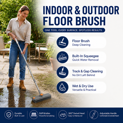 Grey and Orange 360Â°Rotating Detachable V-Shaped Floor Scrub Brush for Indoor & Outdoor Use â€“ 3-in-1 Groove Corner Gap Cleaning Tool with Silicone Squeegee, 134CM Stainless Steel Telescopic Handle and Collection Clip