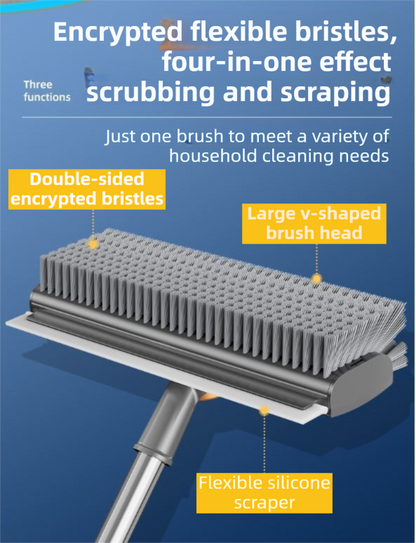 Grey and Orange 360Â°Rotating Detachable V-Shaped Floor Scrub Brush for Indoor & Outdoor Use â€“ 3-in-1 Groove Corner Gap Cleaning Tool with Silicone Squeegee, 134CM Stainless Steel Telescopic Handle and Collection Clip