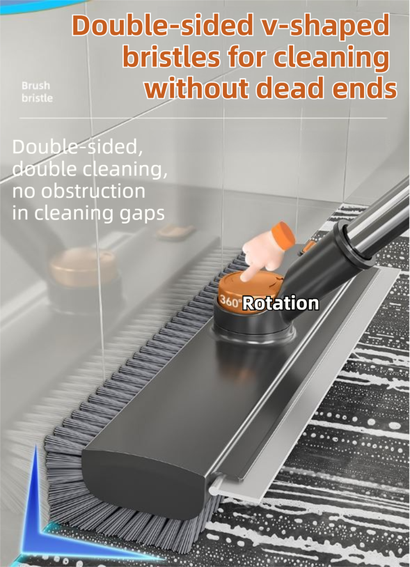 Grey and Orange 360Â°Rotating Detachable V-Shaped Floor Scrub Brush for Indoor & Outdoor Use â€“ 3-in-1 Groove Corner Gap Cleaning Tool with Silicone Squeegee, 134CM Stainless Steel Telescopic Handle and Collection Clip