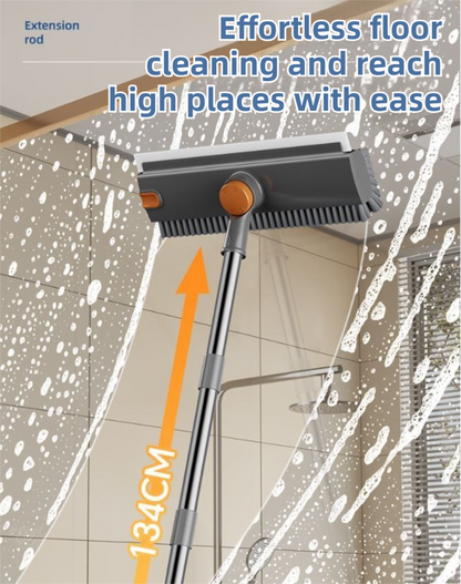 Grey and Orange 360Â°Rotating Detachable V-Shaped Floor Scrub Brush for Indoor & Outdoor Use â€“ 3-in-1 Groove Corner Gap Cleaning Tool with Silicone Squeegee, 134CM Stainless Steel Telescopic Handle and Collection Clip