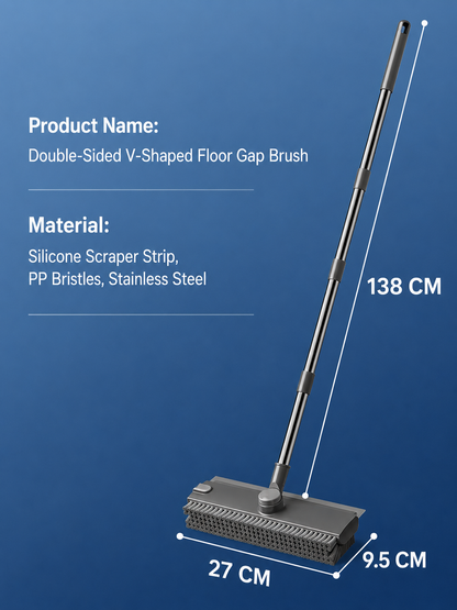 Grey and Orange 360Â°Rotating Detachable V-Shaped Floor Scrub Brush for Indoor & Outdoor Use â€“ 3-in-1 Groove Corner Gap Cleaning Tool with Silicone Squeegee, 134CM Stainless Steel Telescopic Handle and Collection Clip
