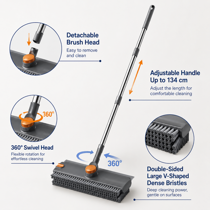 Grey and White 360Â°Rotating Detachable V-Shaped Floor Scrub Brush for Indoor & Outdoor Use â€“ 3-in-1 Groove Corner Gap Cleaning Tool with Silicone Squeegee, 134CM Stainless Steel Telescopic Handle and Collection Clip