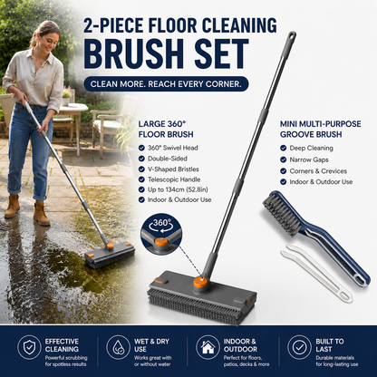 2-Piece Deep Cleaning Floor Brush and Mini Detail Gap Brush Set for Large Surfaces & Tight Gaps â€“ Grey Orange Heavy Duty 360Â° Rotating V-Shaped Floor Scrubber with Silicone Squeegee and 134CM Telescopic Handle for Outdoor & Indoor Use
