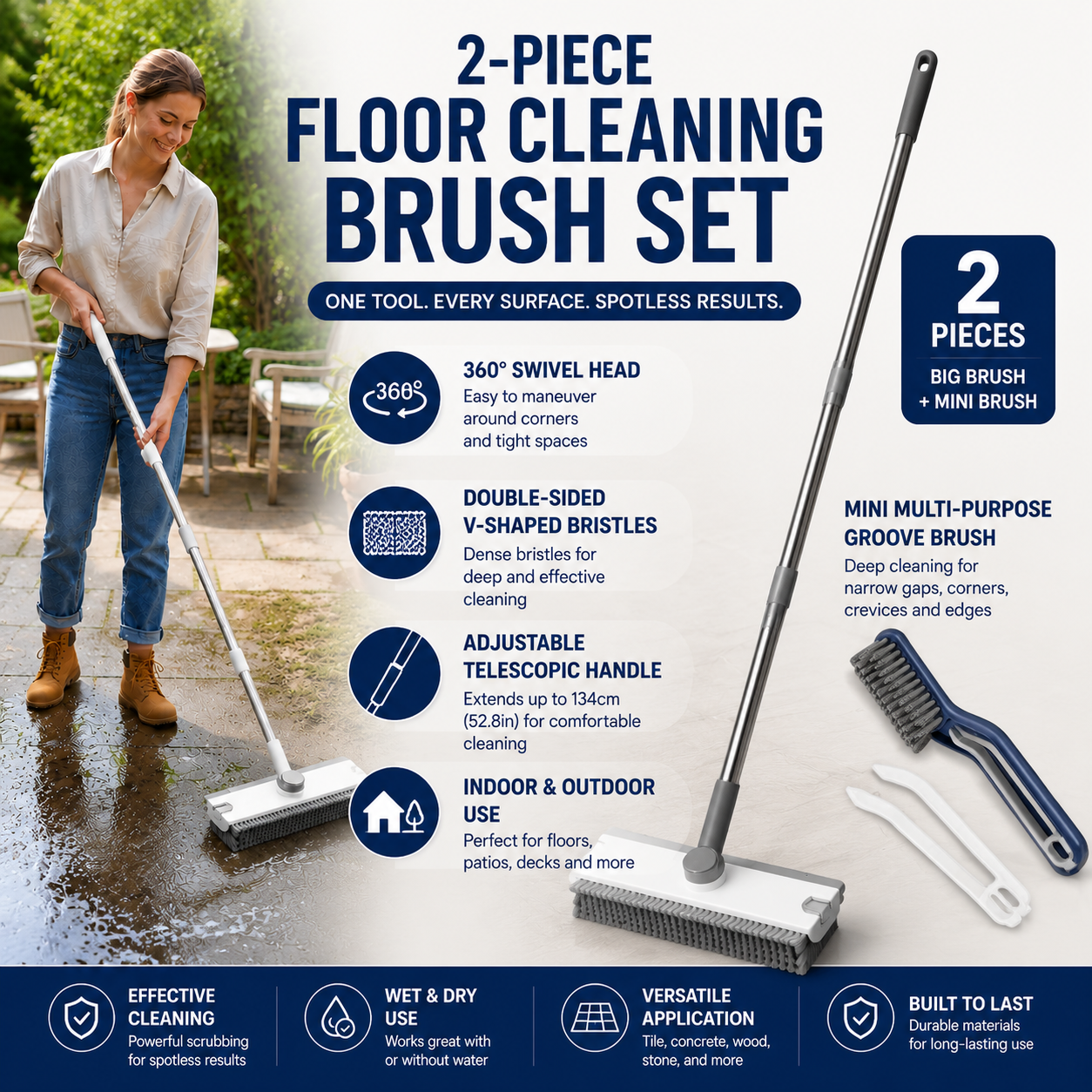 2-Piece Deep Cleaning Floor Brush and Mini Detail Gap Brush Set for Large Surfaces & Tight Gaps â€“ Grey White Heavy Duty 360Â° Rotating V-Shaped Floor Scrubber with Silicone Squeegee and 134CM Telescopic Handle for Outdoor & Indoor Use