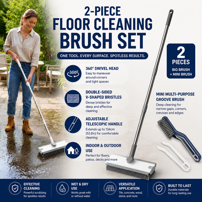 2-Piece Deep Cleaning Floor Brush and Mini Detail Gap Brush Set for Large Surfaces & Tight Gaps â€“ Grey White Heavy Duty 360Â° Rotating V-Shaped Floor Scrubber with Silicone Squeegee and 134CM Telescopic Handle for Outdoor & Indoor Use