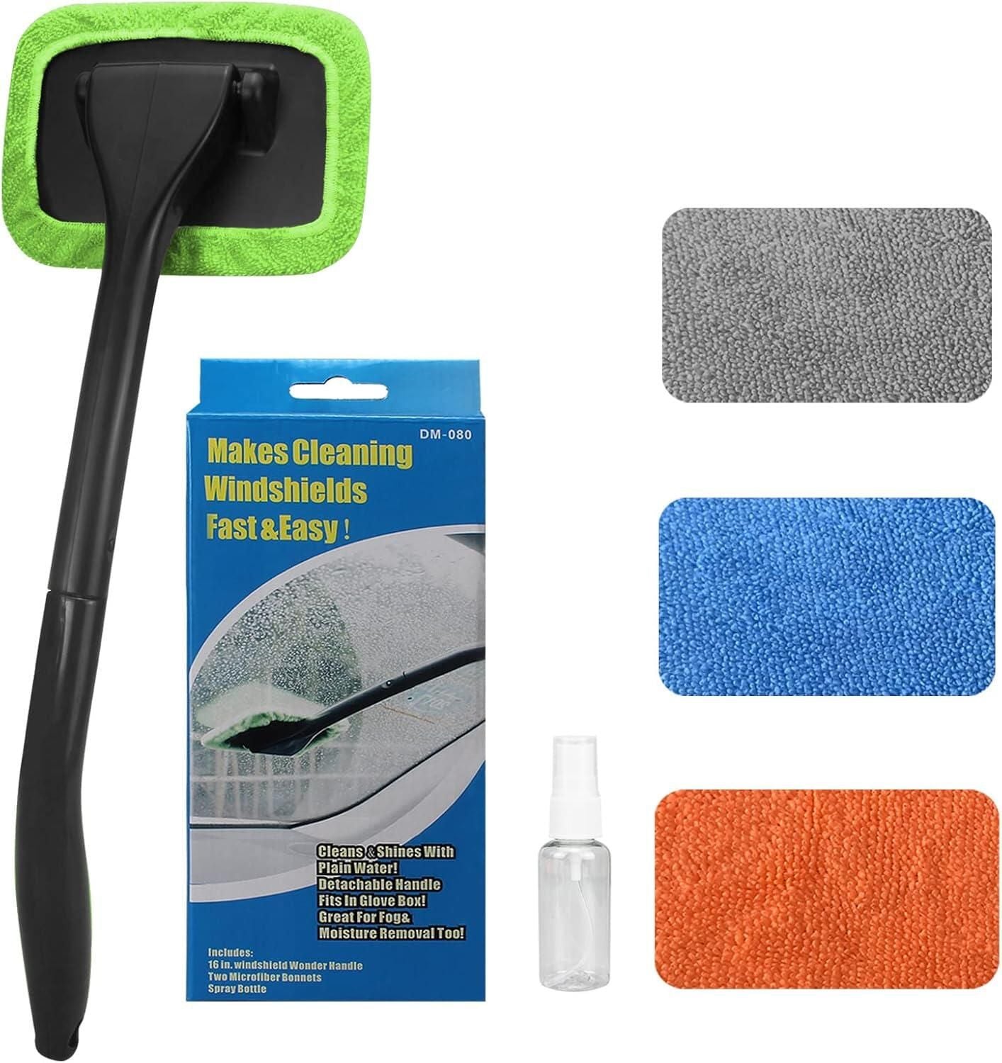 Car Windshield Rotating Defogger Cleaner Brush with 4-Color Washable Microfibre Pads, Spray Bottle and Detachable Handle for Home Car Fog Dust Stain Removal