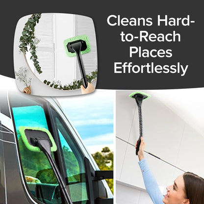 Car Windshield Rotating Defogger Cleaner Brush with 4-Color Washable Microfibre Pads, Spray Bottle and Detachable Handle for Home Car Fog Dust Stain Removal