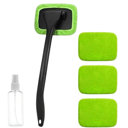 Car Windshield Rotating Defogger Cleaner Brush with 4 Washable Microfibre Pads, Spray Bottle and Detachable Handle for Home Car Fog Dust Stain Removal