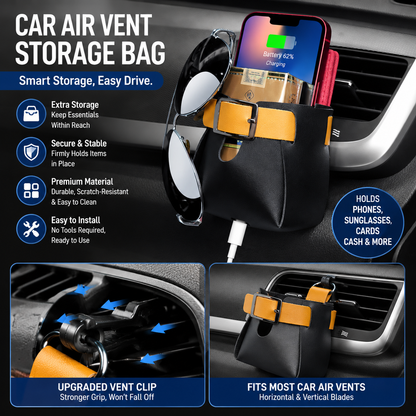 2-Pack Black Yellow Car Air Vent Leather Storage Pockets with Soft Velvet Lining & Vent Clip - Compact Hanging Organizer Storage Bag, Charging Cable Access and Open-top Design for Phone Keys Sunglasses and Bottles