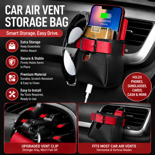 2-Pack Black Red Car Air Vent Leather Storage Pockets with Soft Velvet Lining & Vent Clip - Compact Hanging Organizer Storage Bag, Charging Cable Access and Open-top Design for Phone Keys Sunglasses and Bottles