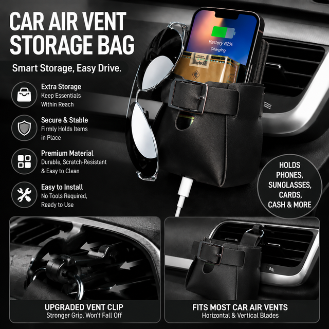 2-Pack Black Car Air Vent Leather Storage Pockets with Soft Velvet Lining & Vent Clip - Compact Hanging Organizer Storage Bag, Charging Cable Access and Open-top Design for Phone Keys Sunglasses and Bottles
