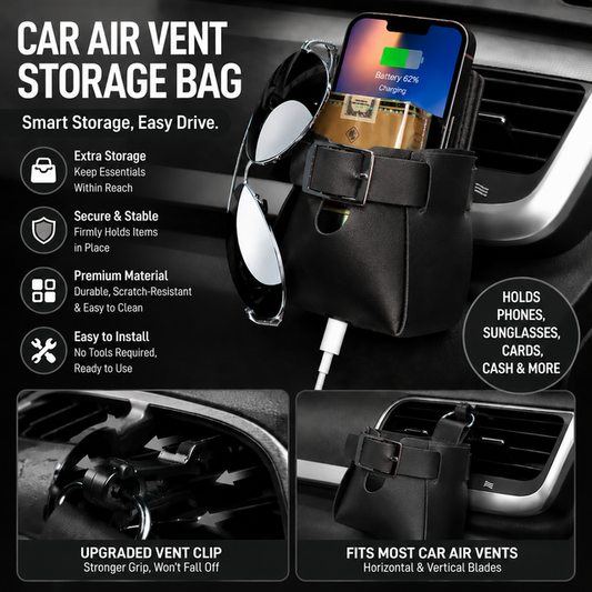 2-Pack Black Car Air Vent Leather Storage Pockets with Soft Velvet Lining & Vent Clip - Compact Hanging Organizer Storage Bag, Charging Cable Access and Open-top Design for Phone Keys Sunglasses and Bottles