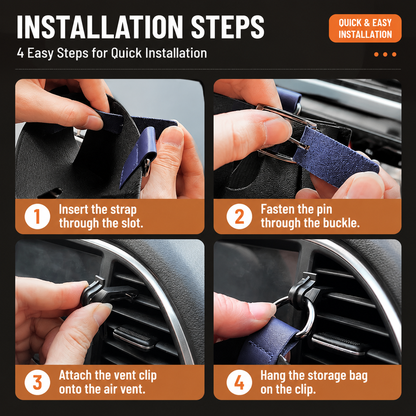 2-Pack Black Car Air Vent Leather Storage Pockets with Soft Velvet Lining & Vent Clip - Compact Hanging Organizer Storage Bag, Charging Cable Access and Open-top Design for Phone Keys Sunglasses and Bottles