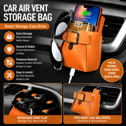 2-Pack Brown Car Air Vent Leather Storage Pockets with Soft Velvet Lining & Vent Clip - Compact Hanging Organizer Storage Bag, Charging Cable Access and Open-top Design for Phone Keys Sunglasses and Bottles