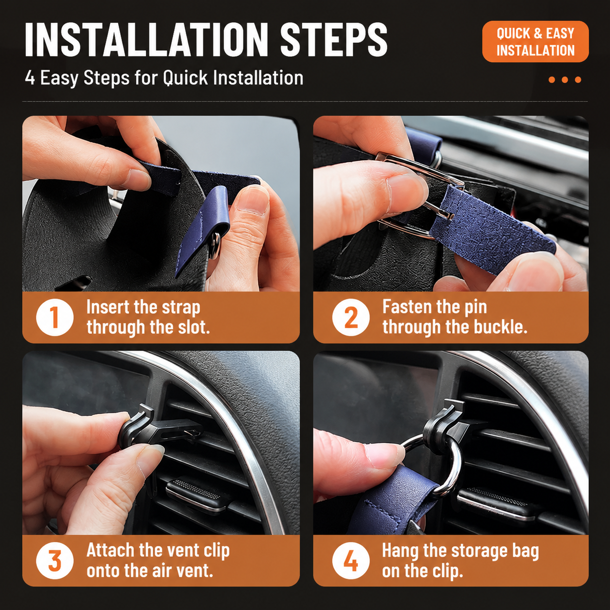 2-Pack Brown Car Air Vent Leather Storage Pockets with Soft Velvet Lining & Vent Clip - Compact Hanging Organizer Storage Bag, Charging Cable Access and Open-top Design for Phone Keys Sunglasses and Bottles