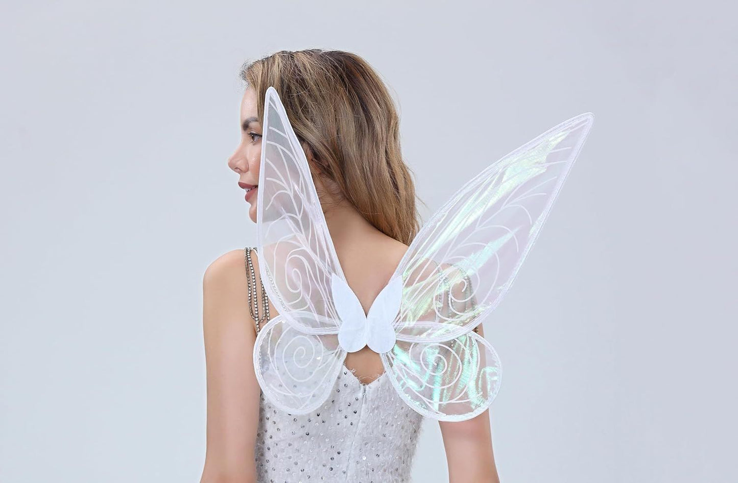 Blue Fairy Shimmering Butterfly Wings Costume with Elastic Shoulder Strap â€“ Iridescent Translucent Angel Dress-Up Wings, Lightweight and Foldable for Girls, Princess Party, Halloween & Cosplay Accessory