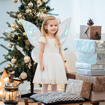 White Fairy Shimmering Butterfly Wings Costume with Elastic Shoulder Strap â€“ Iridescent Translucent Angel Dress-Up Wings, Lightweight and Foldable for Girls, Princess Party, Halloween & Cosplay Accessory
