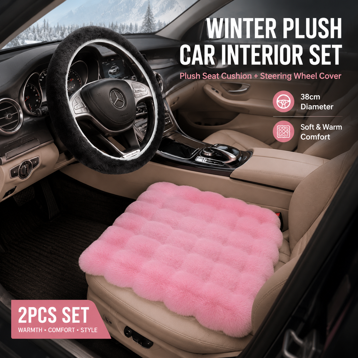 2-Piece Winter Warm Non-Slip Car Interior Comfort Combo with Pink Soft Bubble Fleece 3D Fluffy Car Seat Cushion and Black Plush Steering Wheel Cover, Universal Dia 38CM