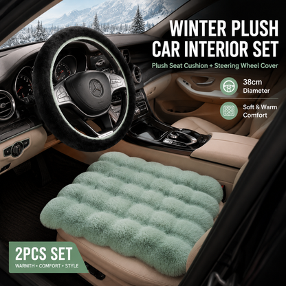 2-Piece Winter Warm Non-Slip Car Interior Comfort Combo with Green Soft Bubble Fleece 3D Fluffy Car Seat Cushion and Black Plush Steering Wheel Cover, Universal Dia 38CM