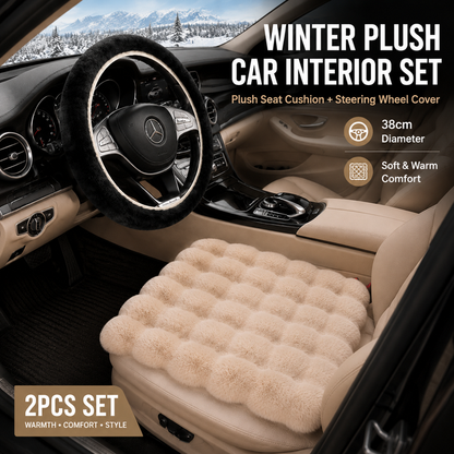 2-Piece Winter Warm Non-Slip Car Interior Comfort Combo with Khaki Soft Bubble Fleece 3D Fluffy Car Seat Cushion and Black Plush Steering Wheel Cover, Universal Dia 38CM