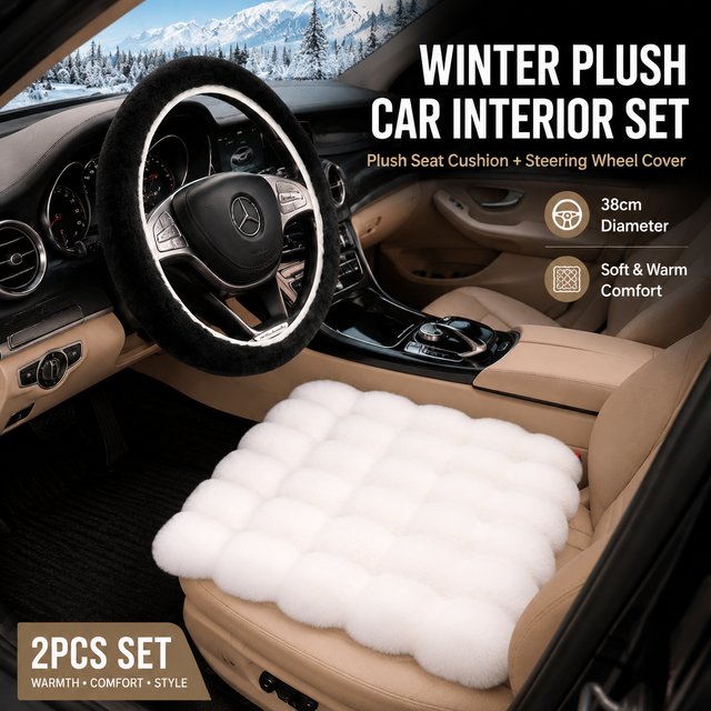 2-Piece Winter Warm Non-Slip Car Interior Comfort Combo with White Soft Bubble Fleece 3D Fluffy Car Seat Cushion and Black Plush Steering Wheel Cover, Universal Dia 38CM