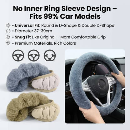 2-Piece Winter Warm Non-Slip Car Interior Comfort Combo with White Soft Bubble Fleece 3D Fluffy Car Seat Cushion and Black Plush Steering Wheel Cover, Universal Dia 38CM