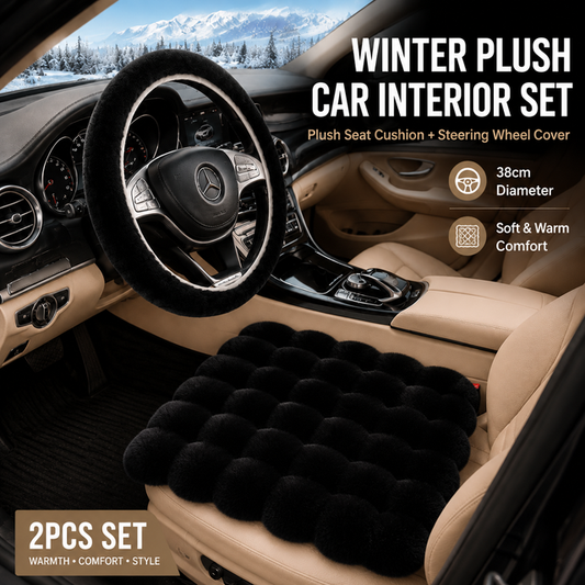 2-Piece Winter Warm Non-Slip Car Interior Comfort Combo with Black Soft Bubble Fleece 3D Fluffy Car Seat Cushion and Black Plush Steering Wheel Cover, Universal Dia 38CM