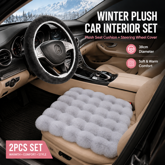 2-Piece Winter Warm Non-Slip Car Interior Comfort Combo with Grey Soft Bubble Fleece 3D Fluffy Car Seat Cushion and Black Plush Steering Wheel Cover, Universal Dia 38CM