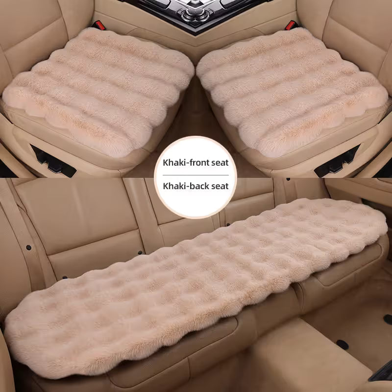 3-Piece Winter 3D Fluffy Bubble Fleece Car Seat Cushion Set - 2 x Plush Car Front Seat Cushions (45 x 45cm) and 1 x Rear Bench Pad (135 Ã— 45 cm) with Non-Slip Backing, Universal Soft Warm Car Seat Cover, Khaki