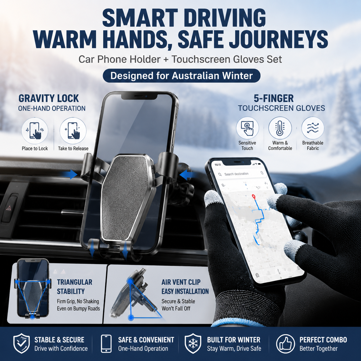 2-Piece Winter Car Safety & Comfort Driving Set with Car Air Vent Gravity Phone Holder and Warm Five-Finger Touchscreen Gloves â€“ One Hand Auto Grip, Triangle Stability & Gravity Locking, All-Season Esports Conductive Touchscreen Gloves